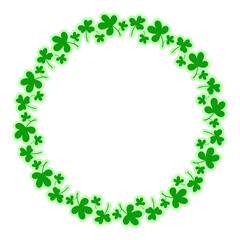 Round frame with clover leaves.Magical plant. Decoration for St. Patrick's Day with trefoils and quatrefoils. Shamrock. Irish