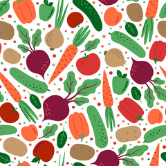 Decorative seamless pattern background with stylized vegetables: tomato, cucumber, beet, carrot, pepper, potato, onion, greens. Vegetables in flat design isolated on a white background. Vector.
