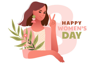 Obraz na płótnie Canvas International Women Day. 8 March. Happy sexy woman doing victory gesture. Vector template with beautiful women for card, poster or flyer.