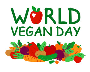 World Vegan Day. Different vegetables and fruits. Natural healthy organic food: tomato, cucumber, potato, beet, carrot, pepper, apple, greens. Isolated on a white background. Stylized. Vector.