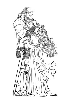 Knight and his queen. Love of Tristan and Isolde. Digital drawing.