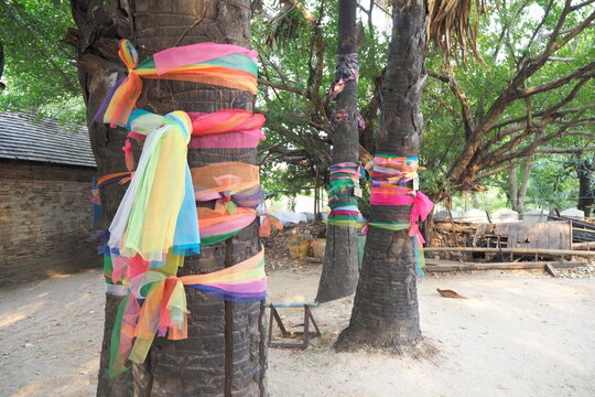 Tree and color cloth at Wat Pra Thad Lampang Luang, Lampang, Thailand.