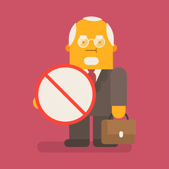 Old businessman holding prohibition sign and suitcase. Vector character