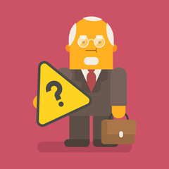 Fototapeta premium Old businessman holding question mark and suitcase. Vector character