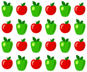 Juicy seamless pattern background with stylized apples. Alternating green and red apples. Colorful fruit in flat design for fabric, textile, goods, packaging. Isolated on a white background. Vector.