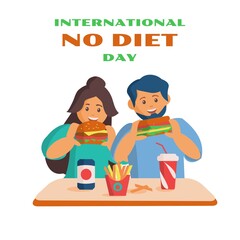 No diet day card Men and woman eat fast food, burger and sandwich and drink soda Cartoon illustration