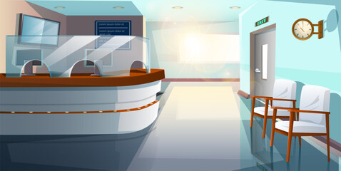 Vector cartoon style flat hospital reception hall.
