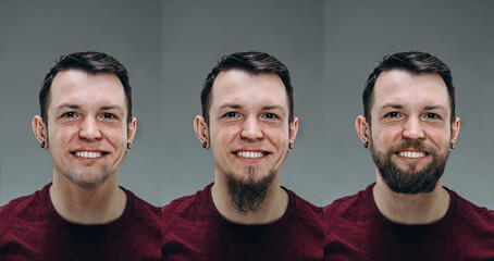 Bearded. Collage of man before and after visiting barbershop, client's delighted with different haircut, mustache, beard. concept of bodycare, male beauty, comparison. Shaving, hairstyling, coloring.