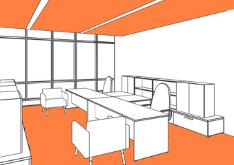 3d illustration perspective of an office room for two person. White colored drawing with orange colored ground and ceiling.