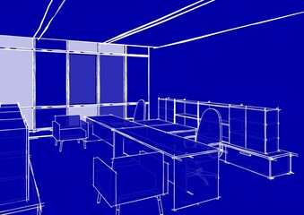 3d illustration perspective of an office room for two person. Architectural drawing in blueprint style. White lines on dark blue background.