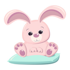 Happy Easter cute pink bunny rabbit on the blue pillow. A greeting card or banner of bright colors. Vector illustration in flat cartoon style isolated on a white background