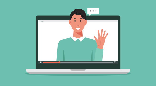 webinar online meeting concept, remote working or work from home and anywhere, man using video conference via computer laptop screen, vector flat illustration