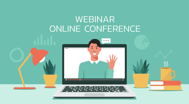 webinar online meeting concept, remote working or work from home and anywhere, man using video conference via laptop computer screen, vector flat illustration
