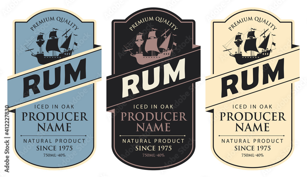 Poster set of three vector labels for rum in a figured frames with sailing ships and inscriptions in retro 