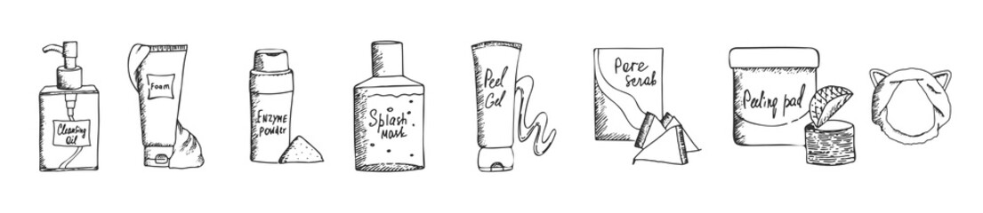 
Set of hand drawn Korean beauty products icons. Cosmetics for skin cleansing. Vector black and white illustration isolated on white background.