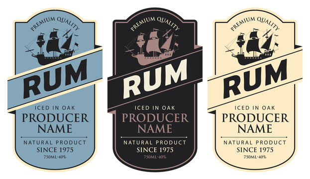 Set of three vector labels for rum in a figured frames with sailing ships and inscriptions in retro style. Premium quality, iced in oak, collection of strong alcoholic beverages
