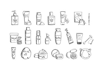 
Hand drawn set of black and white Korean beauty skin care products. K-beauty design elements. Collection of black and white cosmetic icons. Vector illustration isolated on white background.
