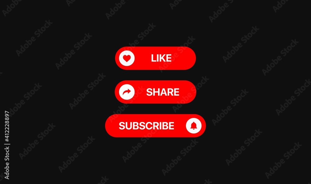 Poster youtube red social media elements. like button. share button. subscribe button. notification icon. v