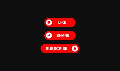 Youtube Red social media elements. Like button. Share button. Subscribe button. Notification icon. Vector illustration