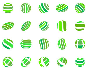 Abstract globe stripes sphere, 3d style striped globe icon effect. Green ball logo in white background. Organic earth logo shape. Vector illustration. It can use as logo, icon, banner, business card.