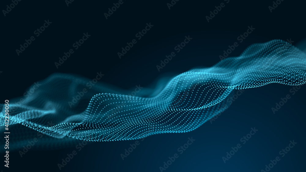Poster Futuristic background of points with a dynamic wave. Excellent data visualization. 3D rendering.