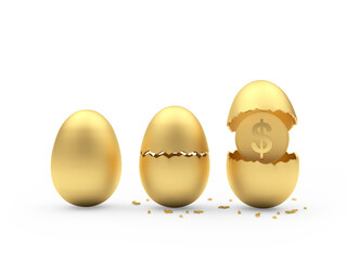 Golden eggs, whole, cracked and broken, with a dollar coin inside. 3d illustration 