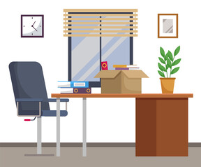 Office chair and office desk with stack of books and cardboard box with things in cozy room interior. Furniture and equipment for the workplace of an employee or office worker, vector interior