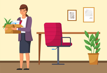 Unhappy upset young business woman holds a box with her things and leaves the previous office. Dismissed frustrated businesswoman standing at the table in office. Failed job and dismissal concept