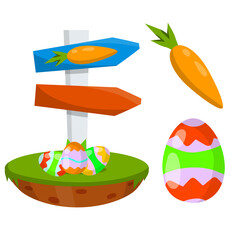 Celebration of Easter. Set of Colored painted eggs and carrot. Christian holiday. Element of child game. Cartoon flat illustration. Plate for finding objects. Sign pointer to route
