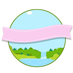 Natural landscape in the logo circle. Waterfall and pond with green hill and forest. Place for tourist recreation. Cartoon flat illustration with ribbon