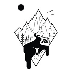 Outdoor, mountains, into the wild. Freedom. Man, backpacker, traveler, boy, guy. Black and white line drawing. Nature. Isolated illustration. Print design for t-shirt, mug. Line art. Hiking, trekking