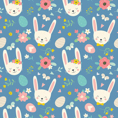 Easter seamless pattern in cartoon style. Colorful childish drawing with simple rabbits, butterfly, Easter eggs and flowers.