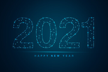 Abstract mash line and point scales on dark background with 2021 Happy New Year. Wire frame 3D mesh polygonal network line, design sphere, dot and structure. Vector illustration 