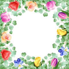 Square watercolorframe with roses, tulips, poppy, pansy, eucalyptus leaves. Floral illustration with green plant and flowers for invitations and decor