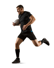Handsome rugby player in action isolated