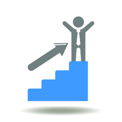 Onboarding symbol. Man win happy hands up with arrow up and stairs career vector icon.