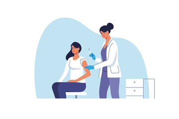 Fototapeta na wymiar Coronavirus vaccination. Woman getting vaccinated against Covid-19 in hospital. Doctor injecting a patient, getting first shot of covid vaccine in arm muscle. Vector illustration.