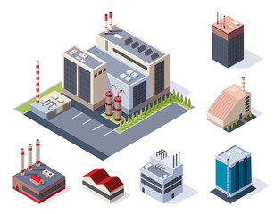 Factory isometric. Concept of industrial working plants with chimney tower. Industrial buldings. 3d isolated icons set. Vector flat style