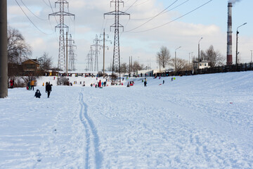 High-voltage DC line in a city park near the lake, Kiev, Ukraine