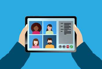 hands of person holding tablet computer with video conference call vector illustration