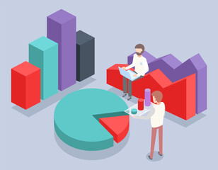 Man using laptop sitting at chart. 3d pie diagram, graphics. Isometric infographics. Financial strategy. Visual presentation. Analysis info, statistic. Digital marketing, plan. Man with graph