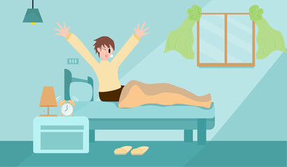 Concept happy people Wake up in the morning. young man stretching his arms.  In bed, in the room, waking up in the morning. Vector illustration for people getting up early, starting the day, vacation 