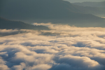 Sunrise time with sea of fog and clouds with mountain hill at Sri Nan National Park Doi Samer Dao Nan Province Thailand, Asia.