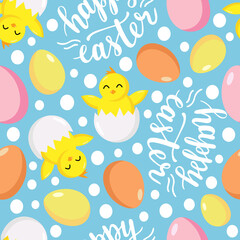 Happy Easter seamless pattern with yellow chicken and eggs. Spring season holidays quotes and phrases for cards, banners, posters, mug, scrapbooking, pillow case, phone cases and clothes design. 