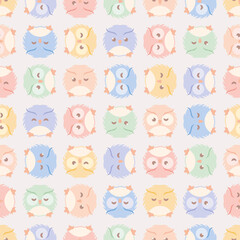 Cute fluffy owls seamless pattern. Soft retro-colored vector illustration for children.