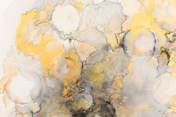 art photography of abstract fluid art painting with alcohol ink, black, gray and gold colors