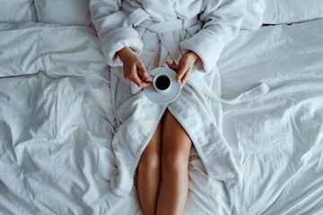 Lazy woman wearing bathrobe lying on bed and enjoying aromatic coffee cup during relaxing at cozy comfort bedroom at hotel room. Easy lifestyle. Beginning of new day