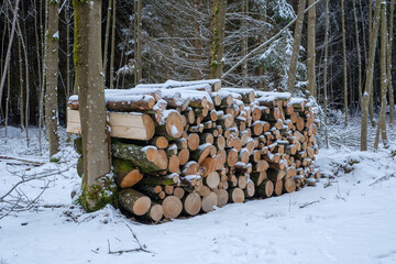 Verschneite Waldlandschaft und Holzwirtschaft: Gestapeltes Brennholz mit Schnee im Winter im Wald (Forstwirtschaft)