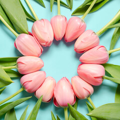 Spring Flowers composition. Tulip flowers on pastel blue background. Valentines day, mothers day, womens day concept. Top view, flat lay, copy space.	