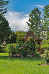 Recreation area in a park with benches and wooden gazebo under sunflowers